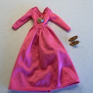 Vintage Barbie Genuine Gown Hot Pink Long Dress With Gold Bow & Lace At Top
